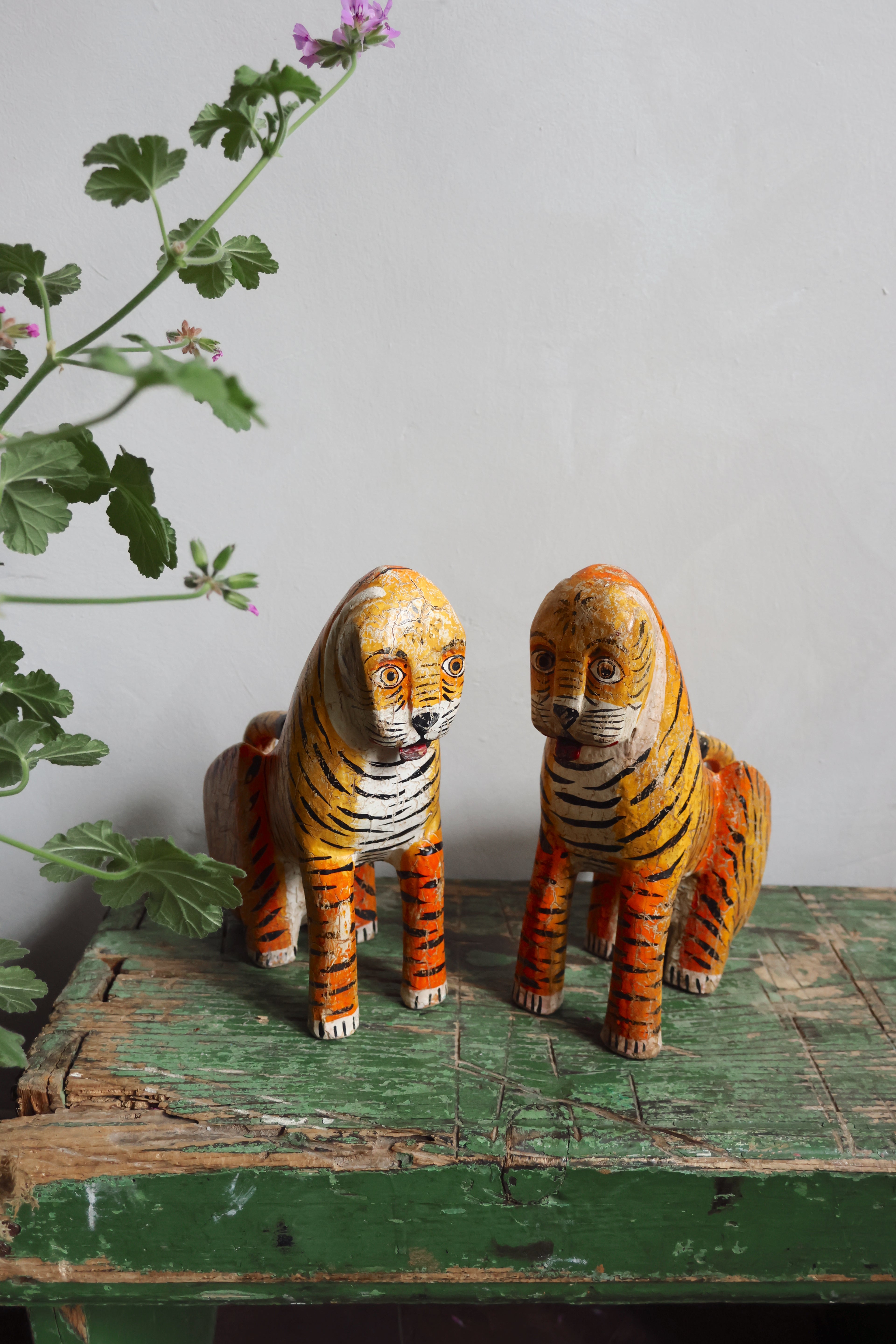 Sacred Temple Tigers – A Pair of Hand-Carved Indian Ritual Figures