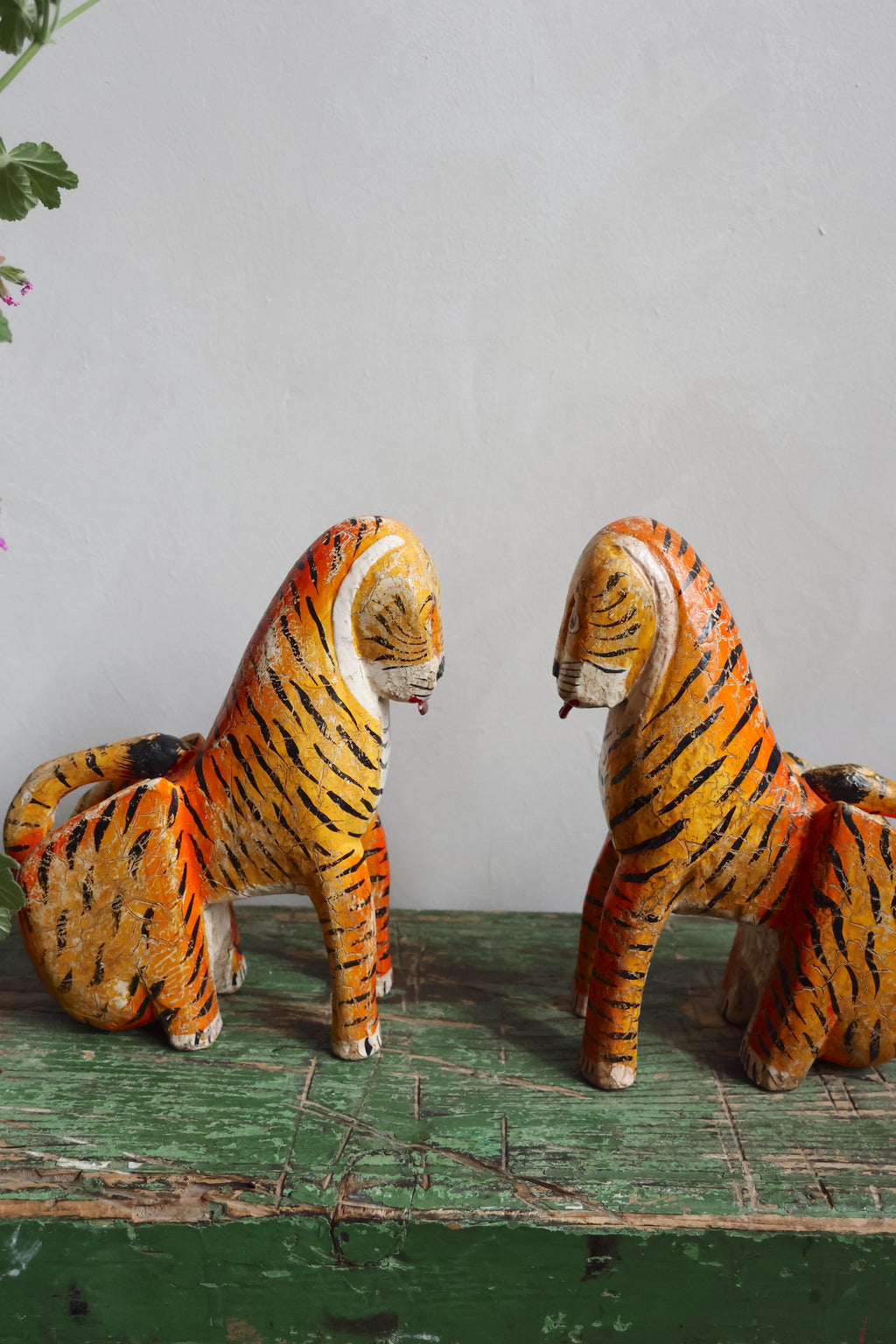 Sacred Temple Tigers – A Pair of Hand-Carved Indian Ritual Figures