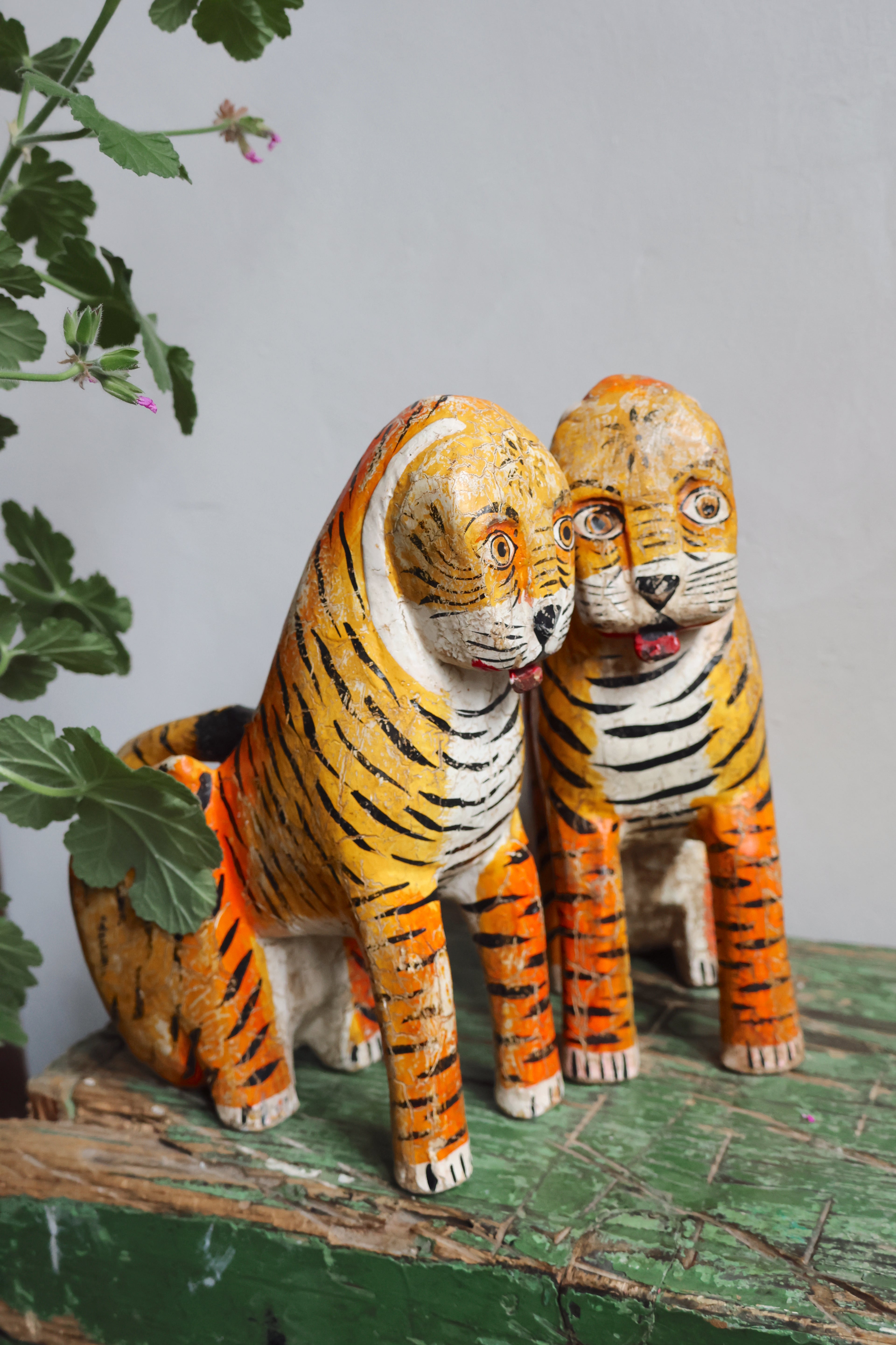 Sacred Temple Tigers – A Pair of Hand-Carved Indian Ritual Figures
