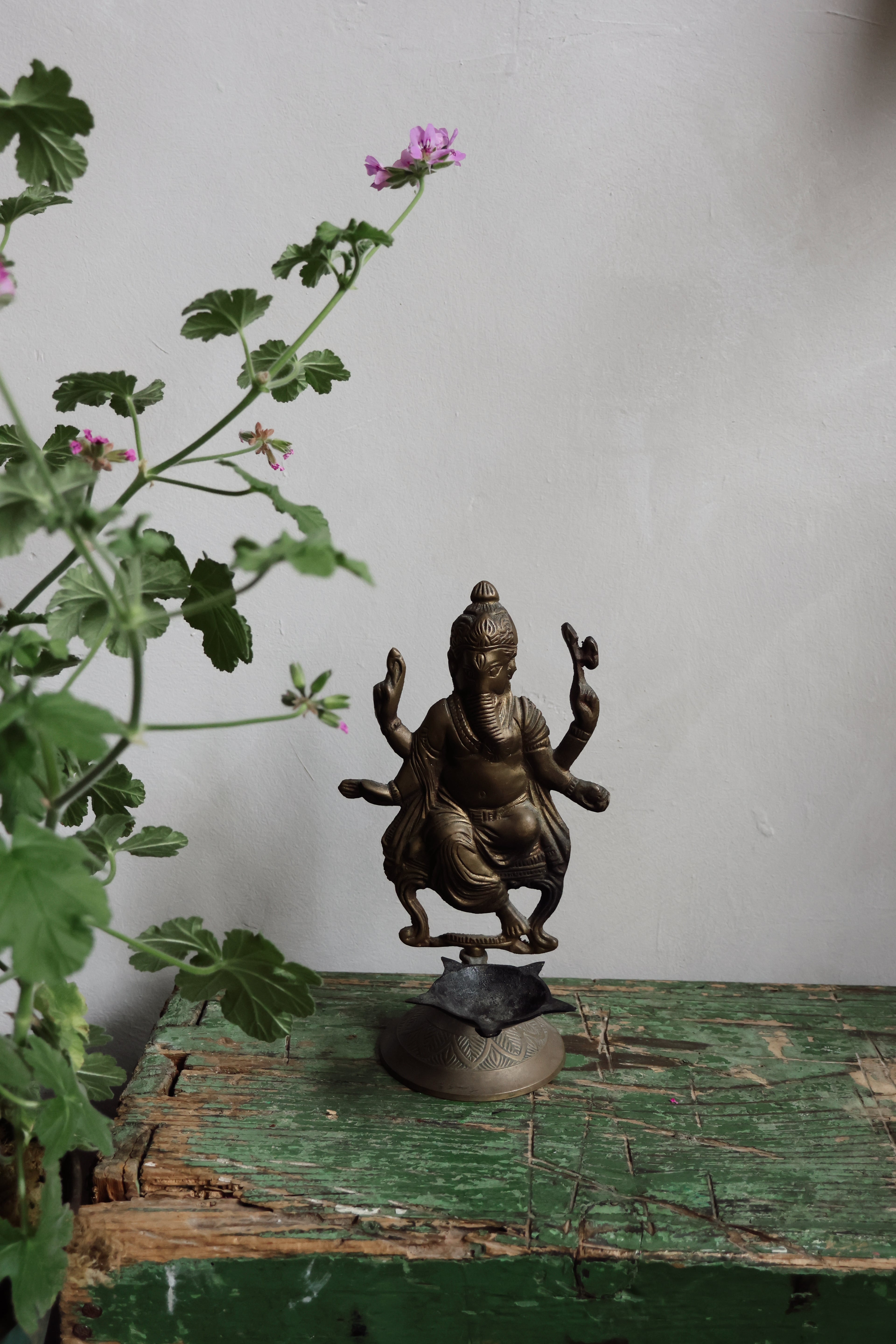Antique Brass Ganesh Oil Burner Statue