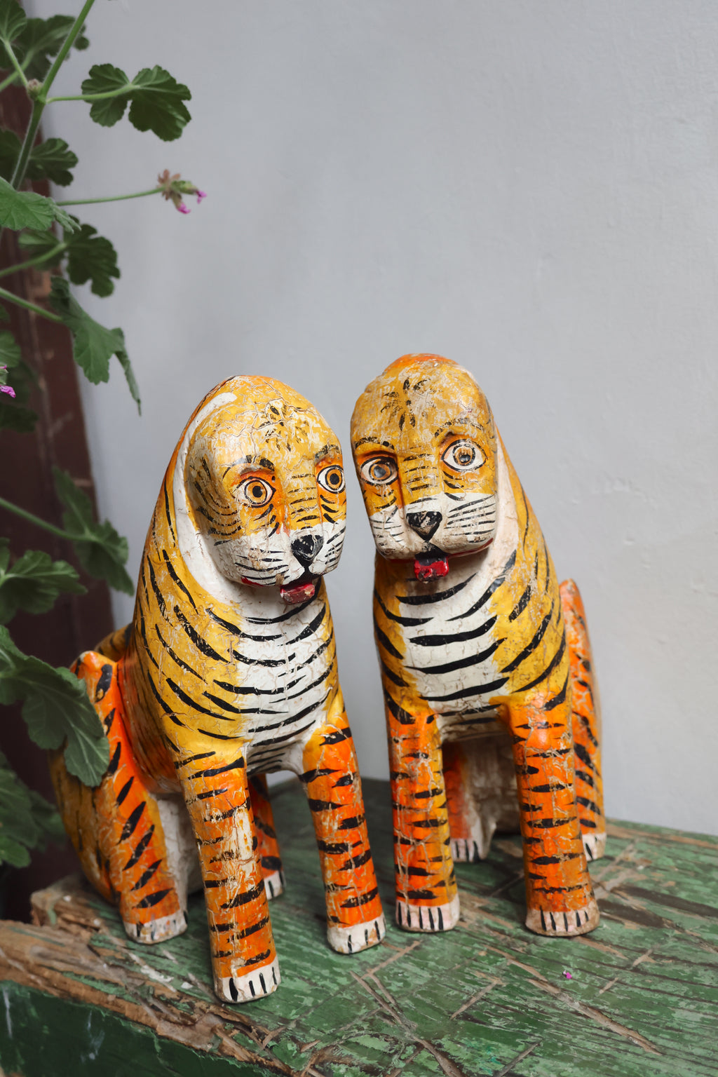 Sacred Temple Tigers – A Pair of Hand-Carved Indian Ritual Figures