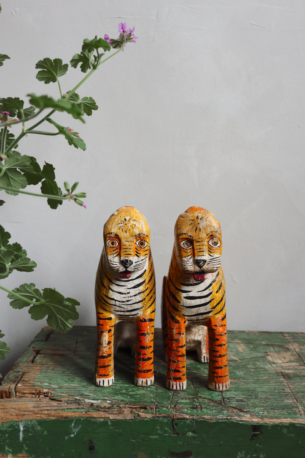 Sacred Temple Tigers – A Pair of Hand-Carved Indian Ritual Figures
