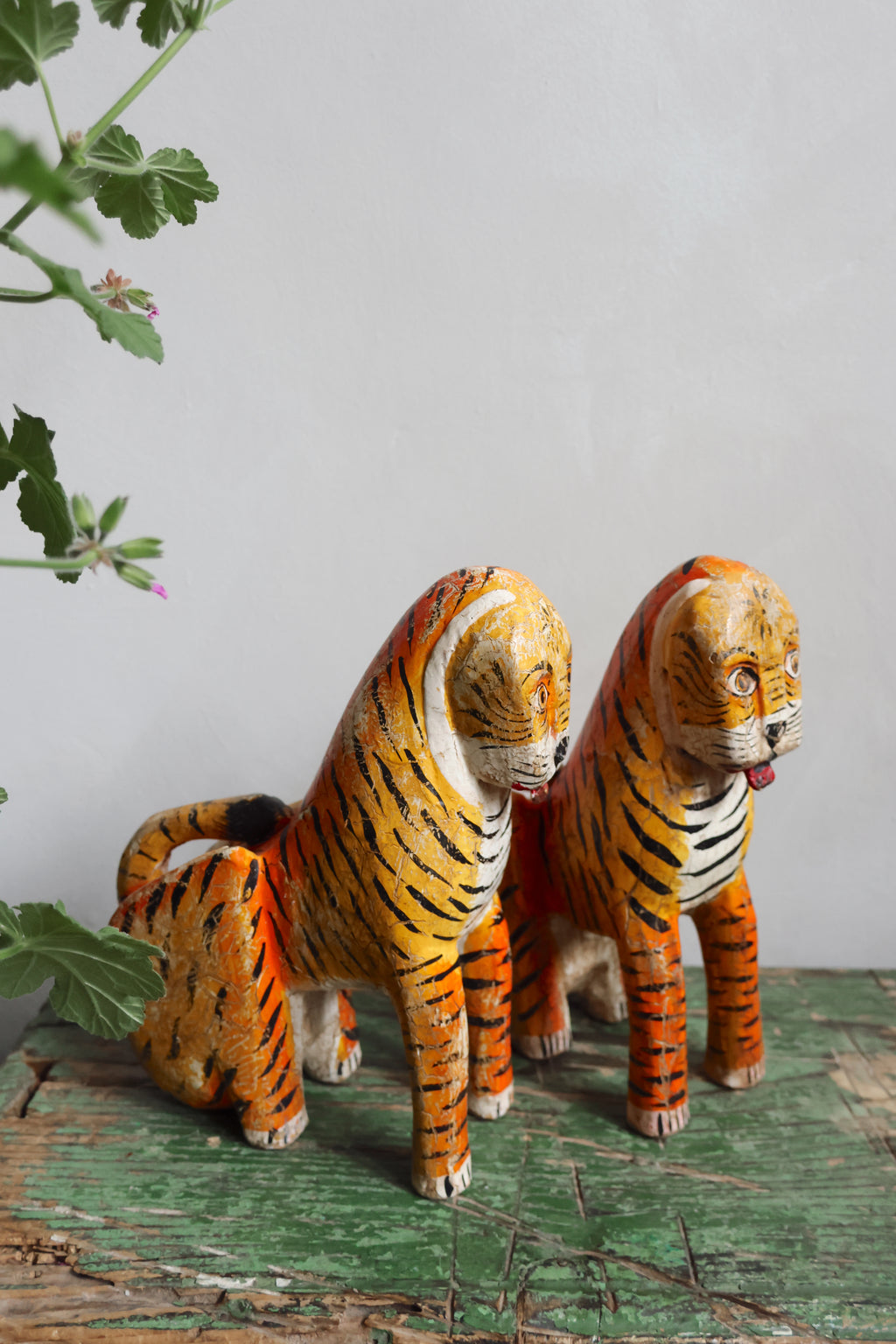 Sacred Temple Tigers – A Pair of Hand-Carved Indian Ritual Figures