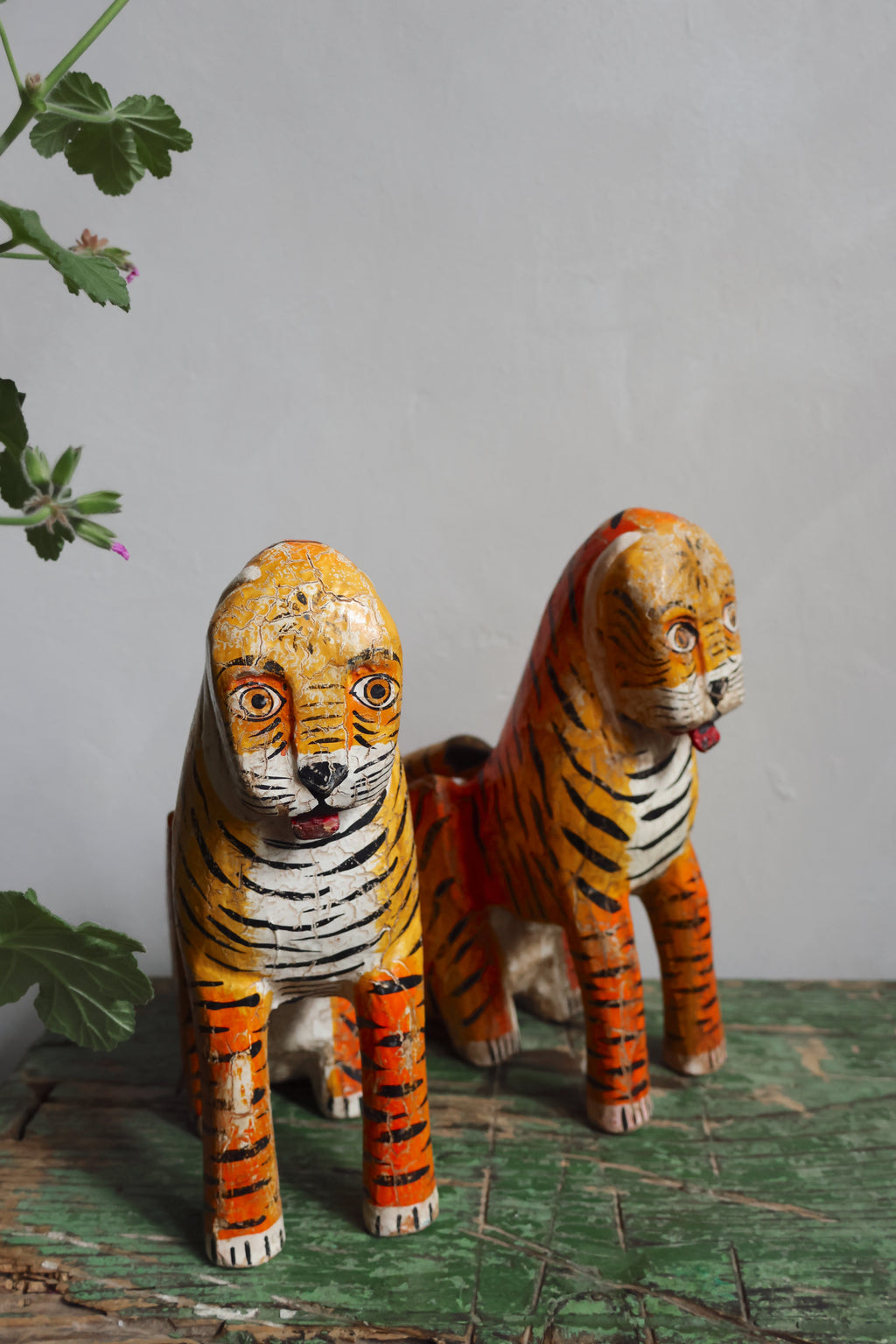 Sacred Temple Tigers – A Pair of Hand-Carved Indian Ritual Figures