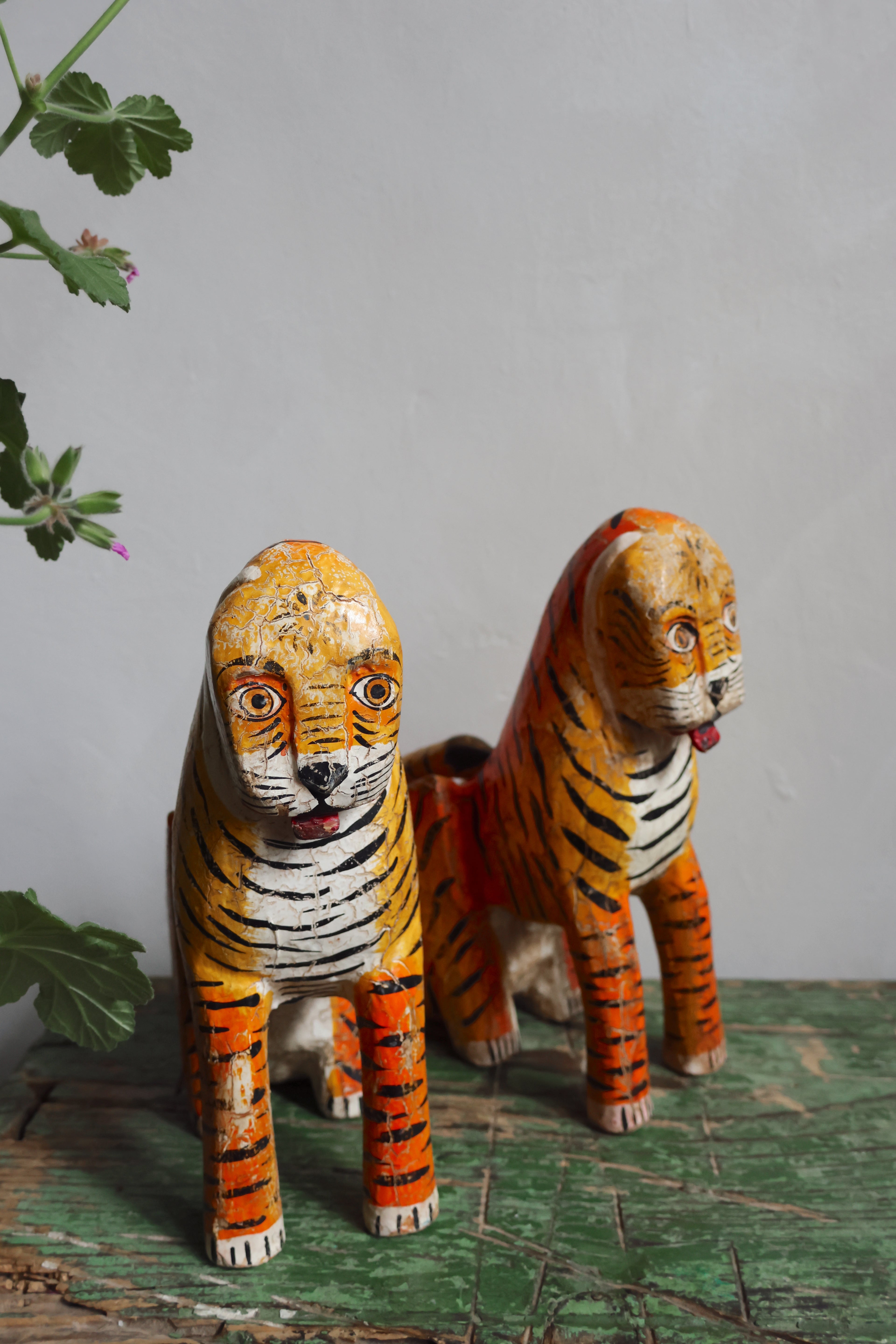 Sacred Temple Tigers – A Pair of Hand-Carved Indian Ritual Figures