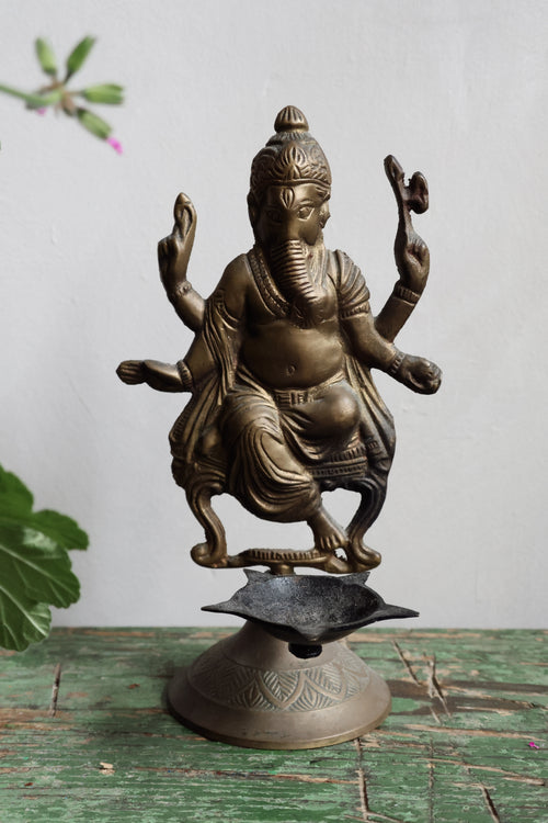 Antique Brass Ganesh Oil Burner Statue