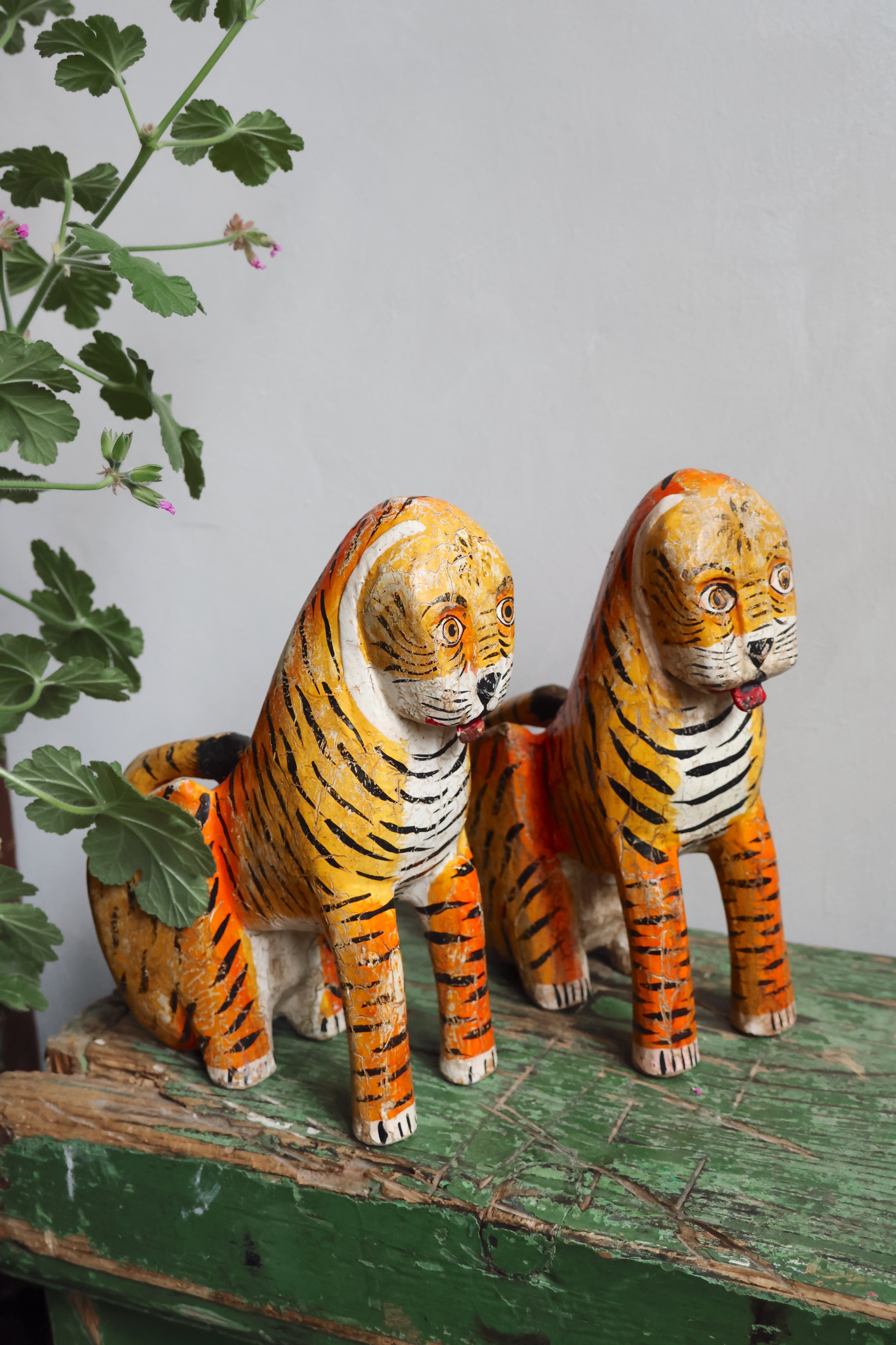 Sacred Temple Tigers – A Pair of Hand-Carved Indian Ritual Figures