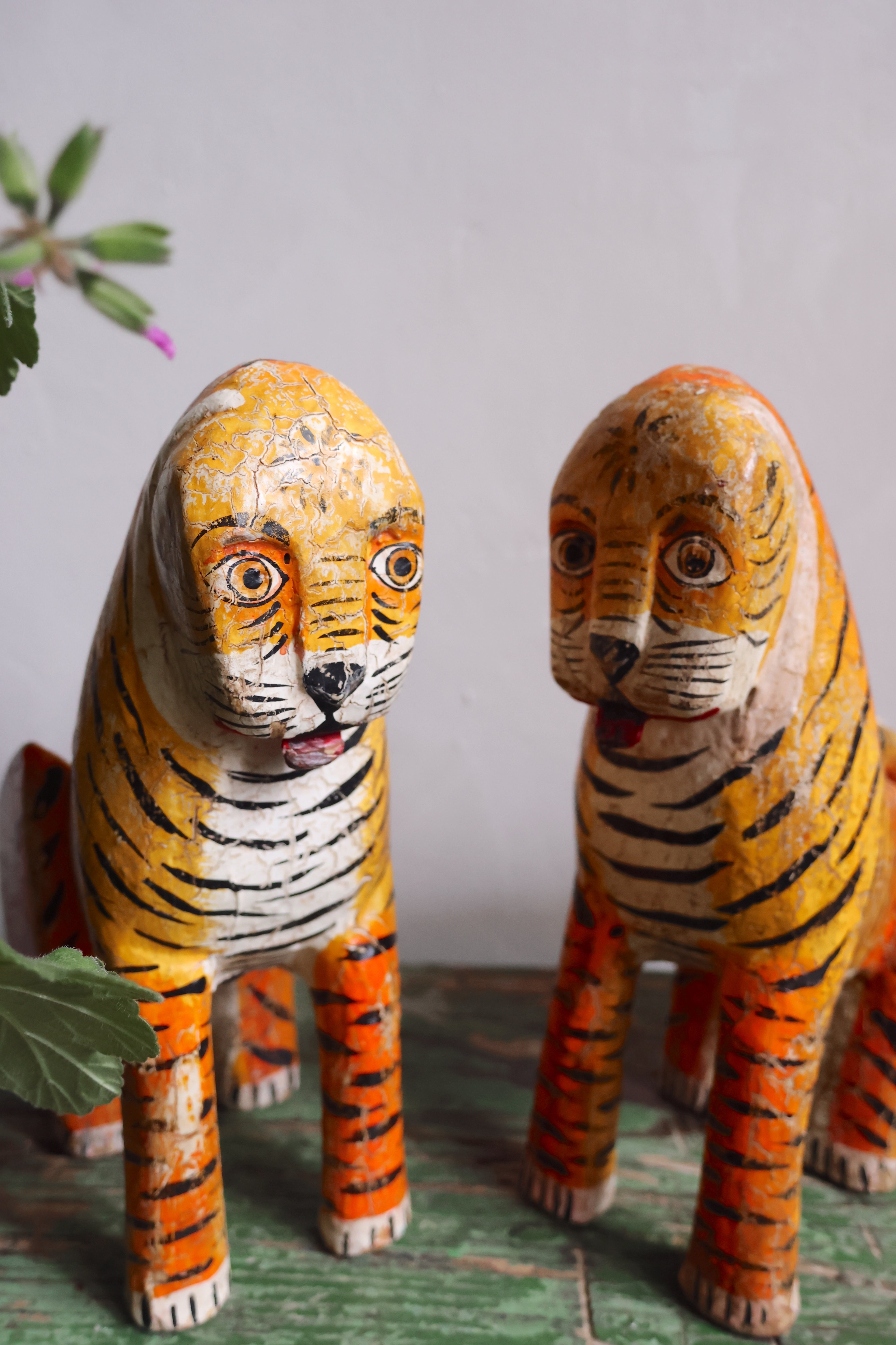 Sacred Temple Tigers – A Pair of Hand-Carved Indian Ritual Figures
