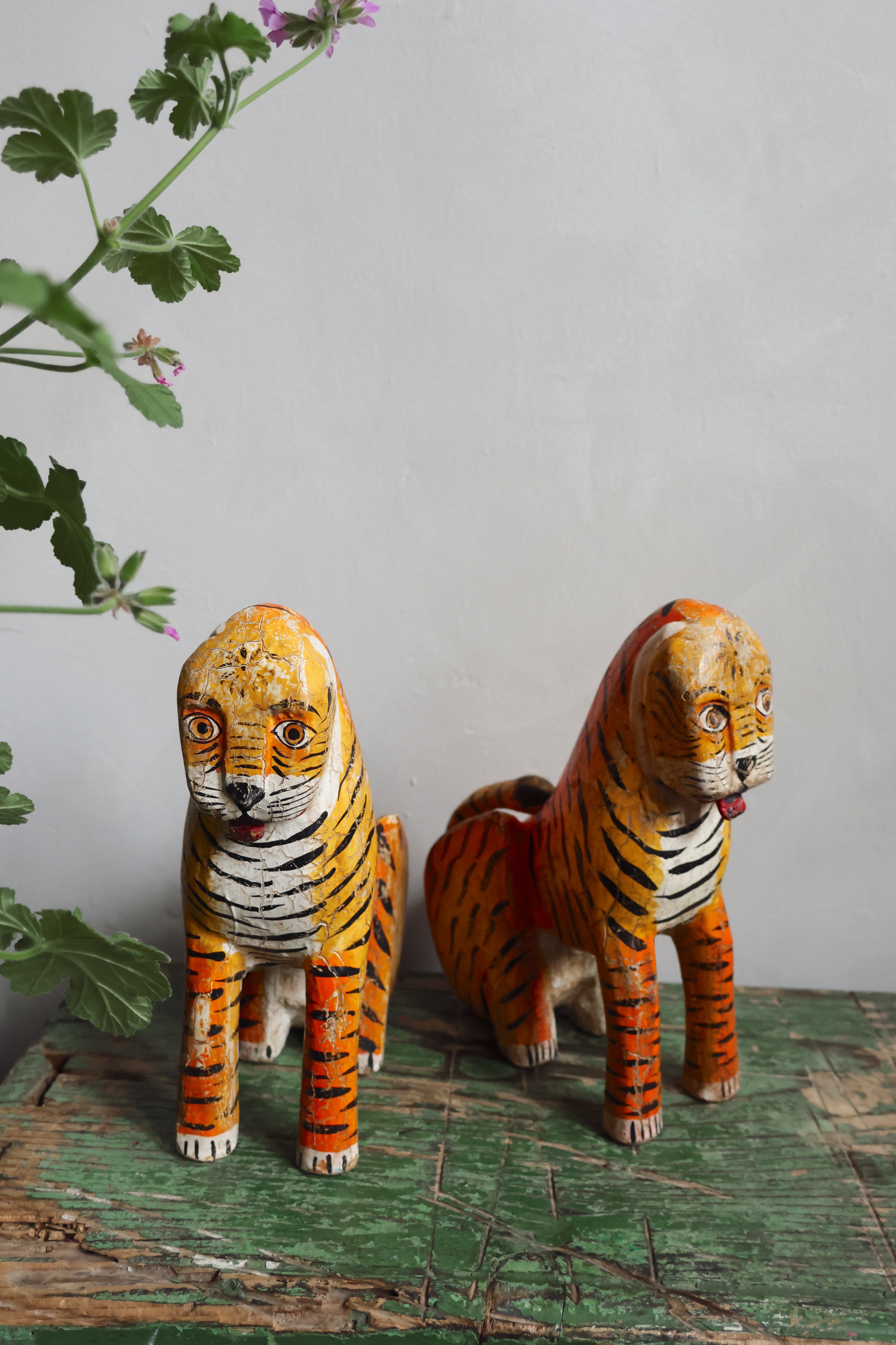 Sacred Temple Tigers – A Pair of Hand-Carved Indian Ritual Figures